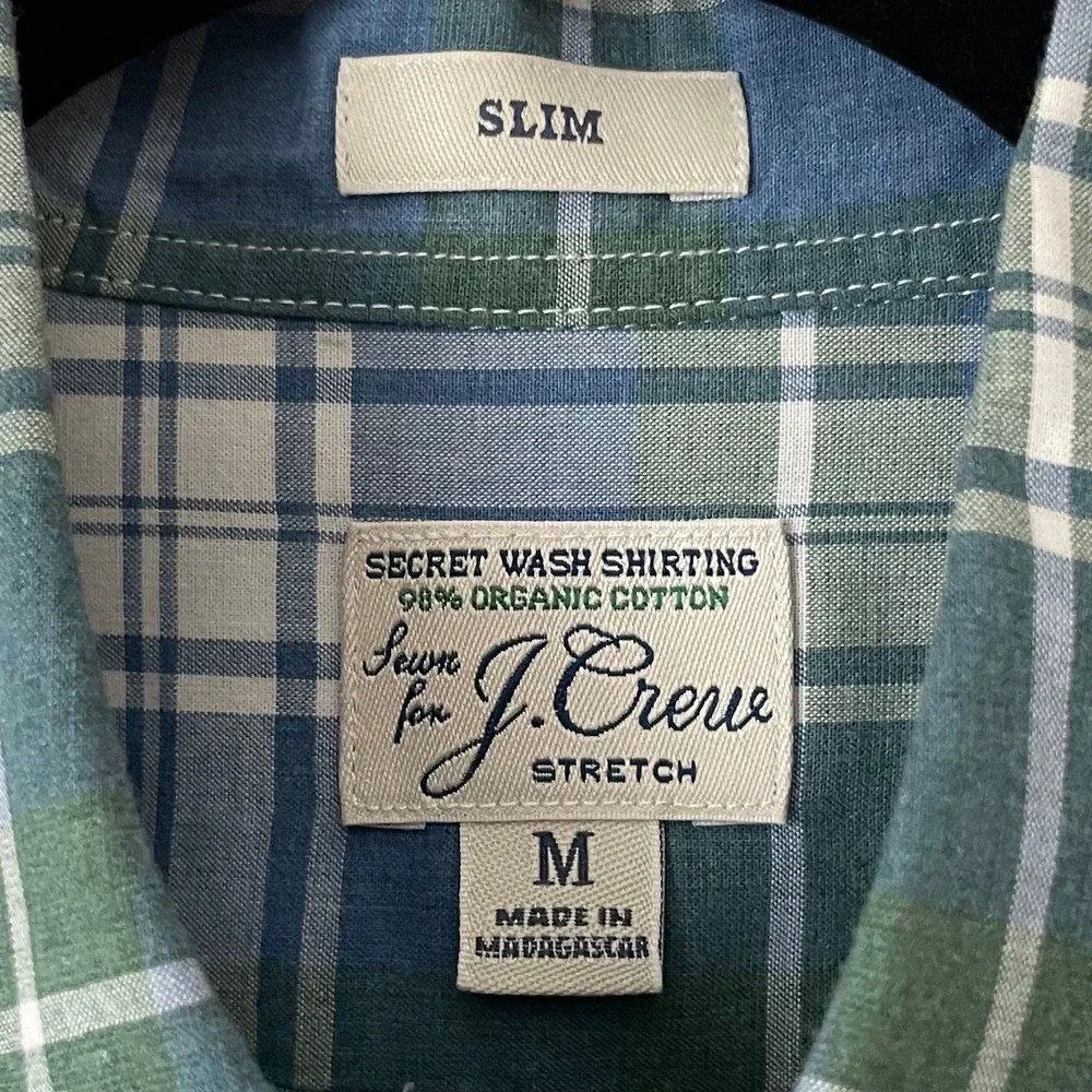J. Crew Shirt Mens Medium Blue Green Slim Fit Secret‎ Wash Organic Cotton Plaid